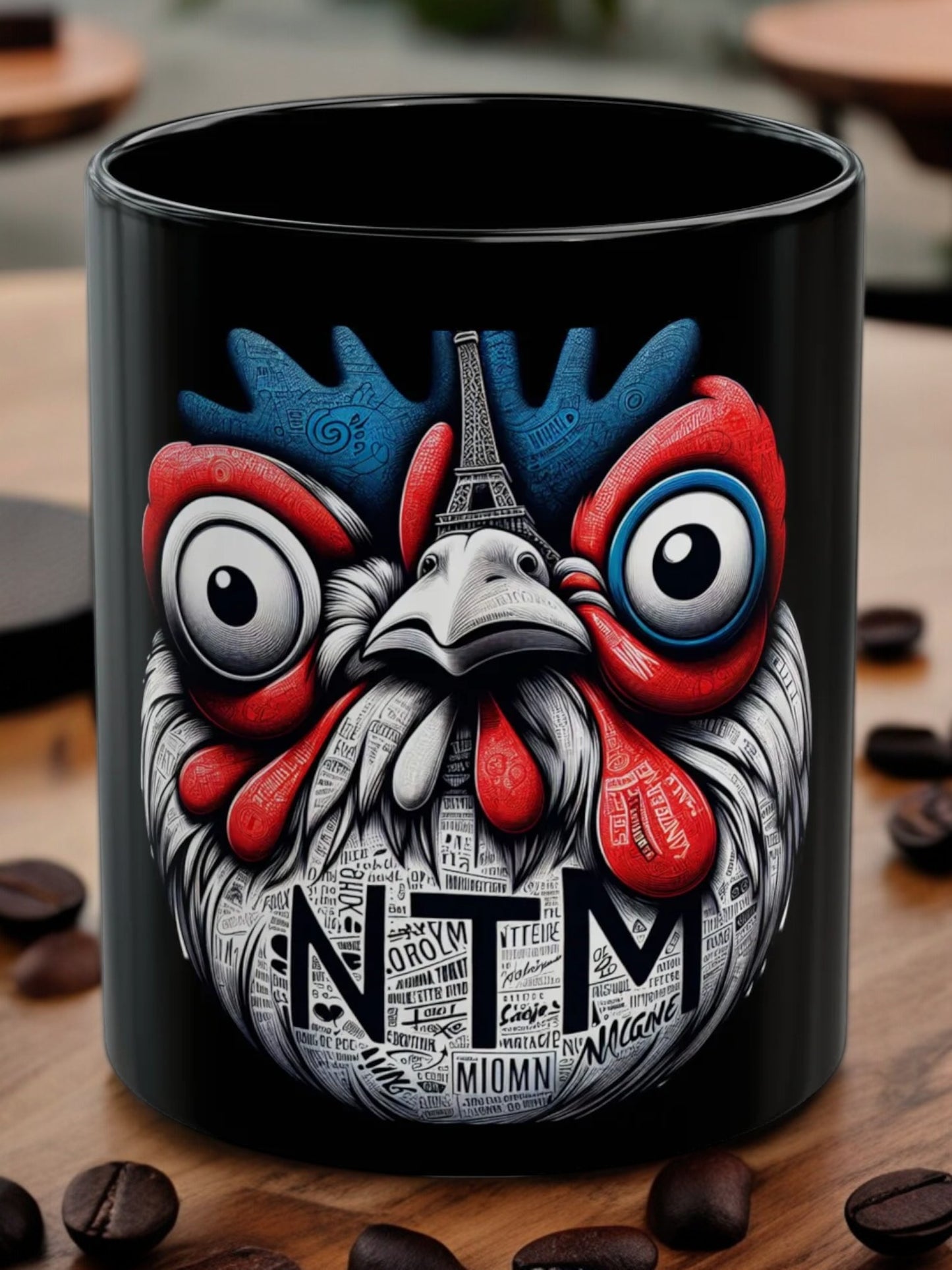 Taza Negra "Gallo Parisino Tricolor"